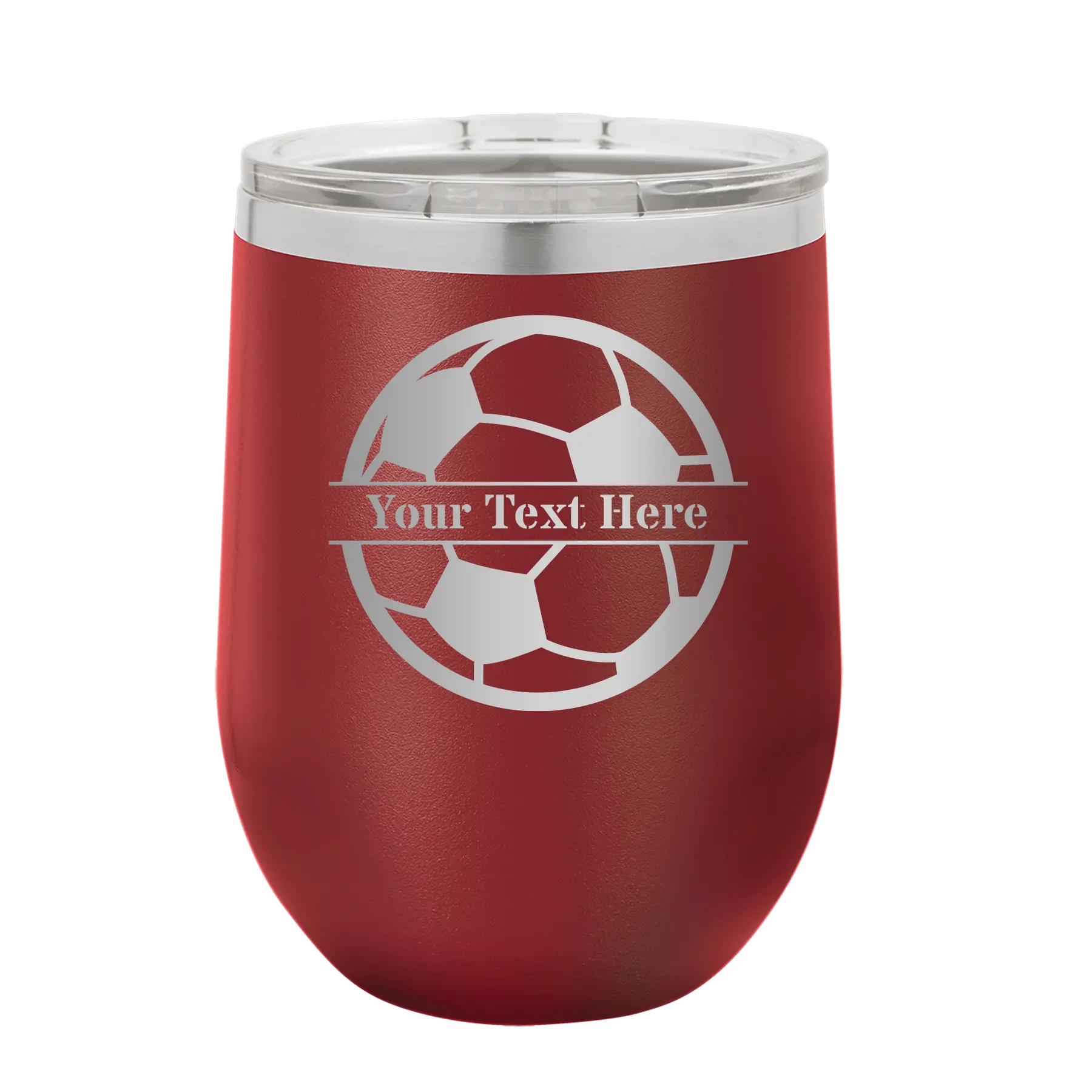 Personalized maroon 12 oz vacuum insulated wine cup with 'Soccer Ball' design