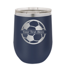 Personalized navy 12 oz vacuum insulated wine cup with 'Soccer Ball' design