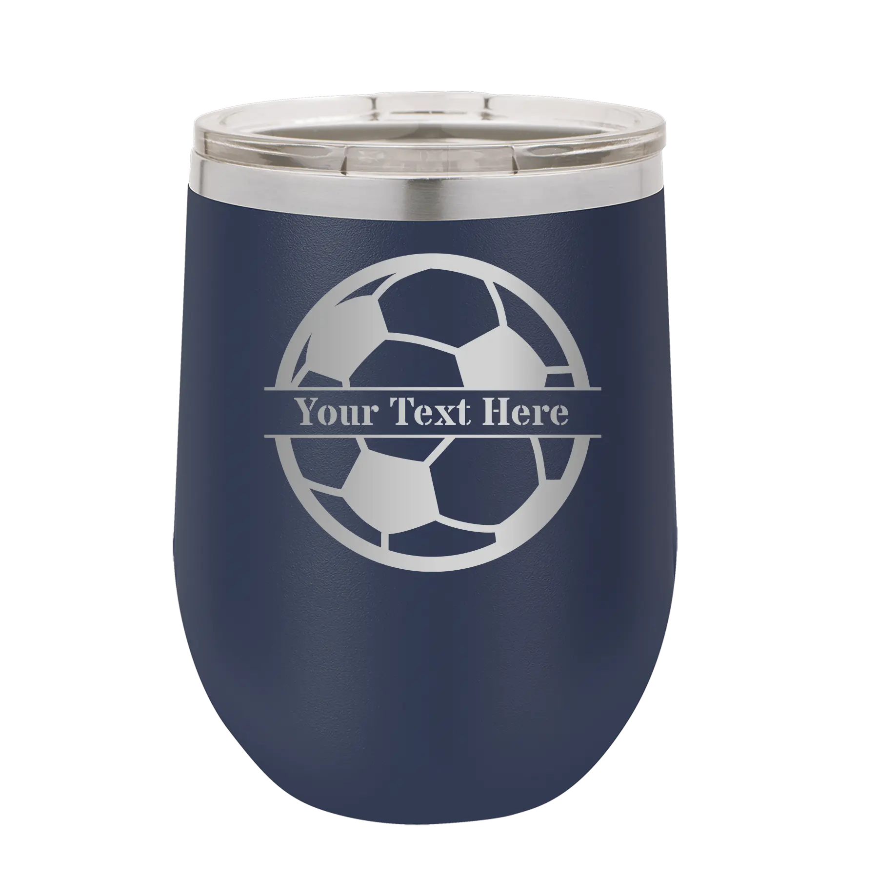 Personalized navy 12 oz vacuum insulated wine cup with 'Soccer Ball' design