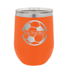 Personalized orange 12 oz vacuum insulated wine cup with 'Soccer Ball' design