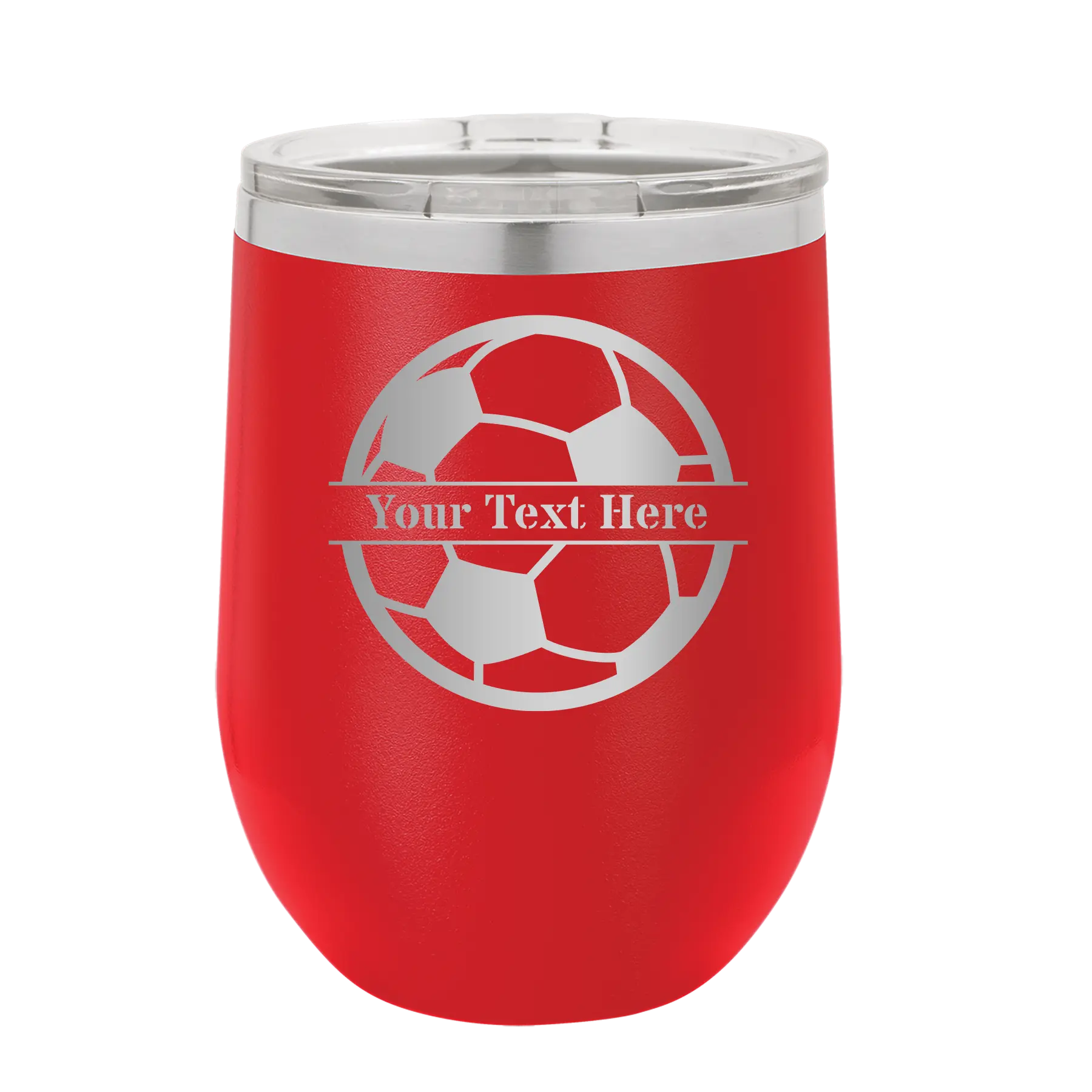 Personalized red 12 oz vacuum insulated wine cup with 'Soccer Ball' design