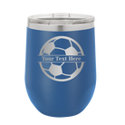 Personalized royal blue 12 oz vacuum insulated wine cup with 'Soccer Ball' design