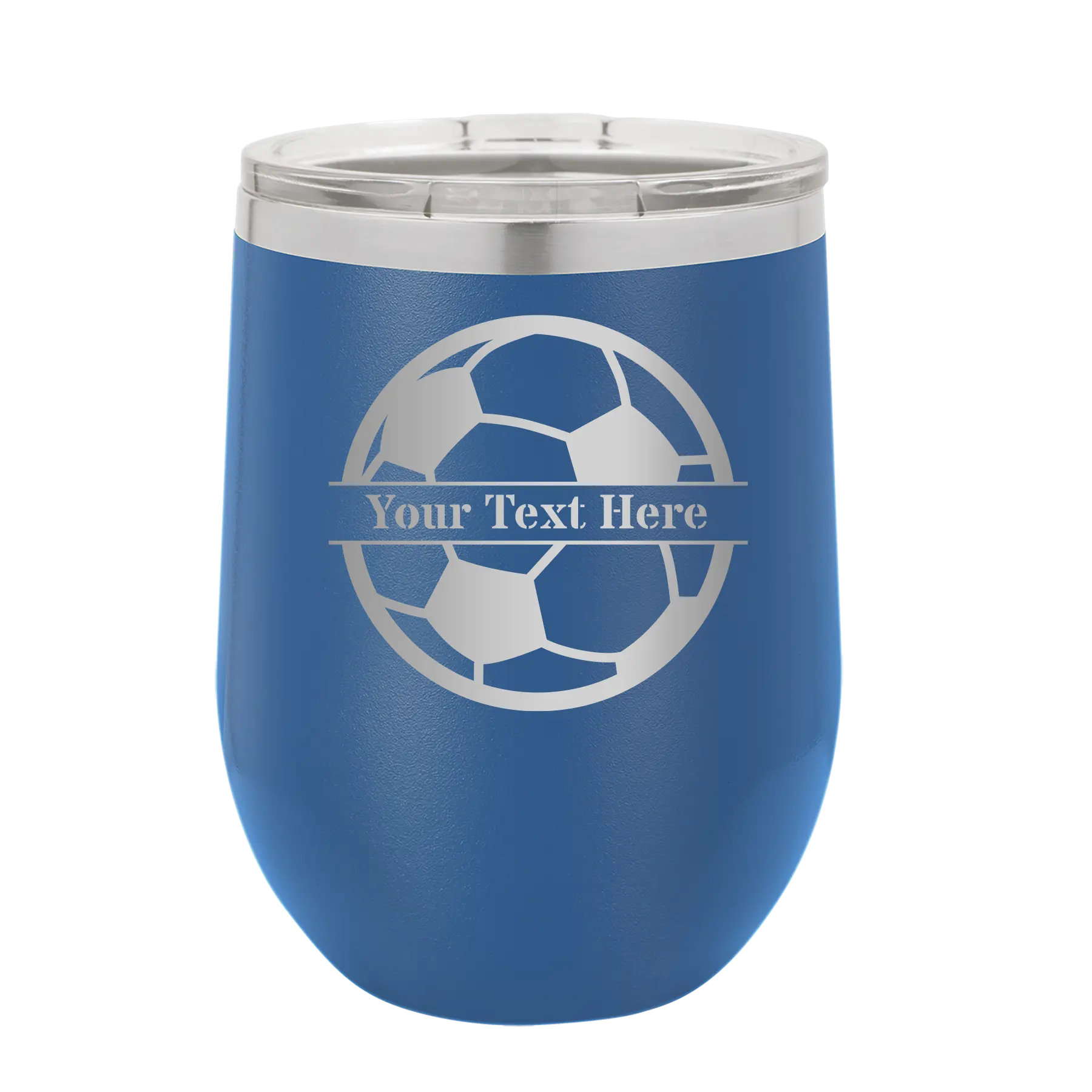 Personalized royal blue 12 oz vacuum insulated wine cup with 'Soccer Ball' design