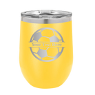 Personalized yellow 12 oz vacuum insulated wine cup with 'Soccer Ball' design