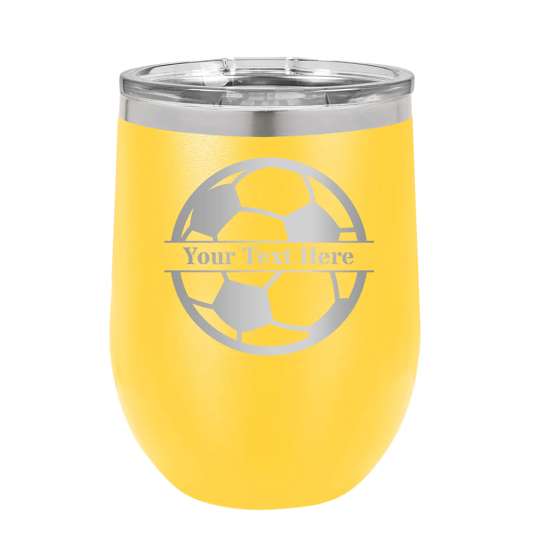 Personalized yellow 12 oz vacuum insulated wine cup with 'Soccer Ball' design