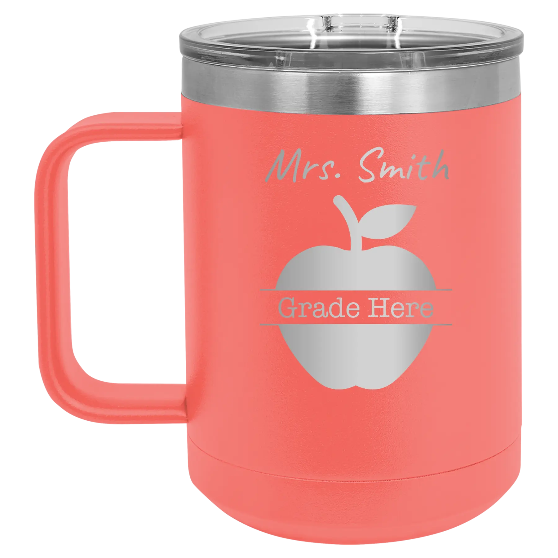 Personalized coral 15 oz vacuum insulated coffee mug with 'Teacher Grade' design