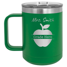 Personalized green 15 oz vacuum insulated coffee mug with 'Teacher Grade' design