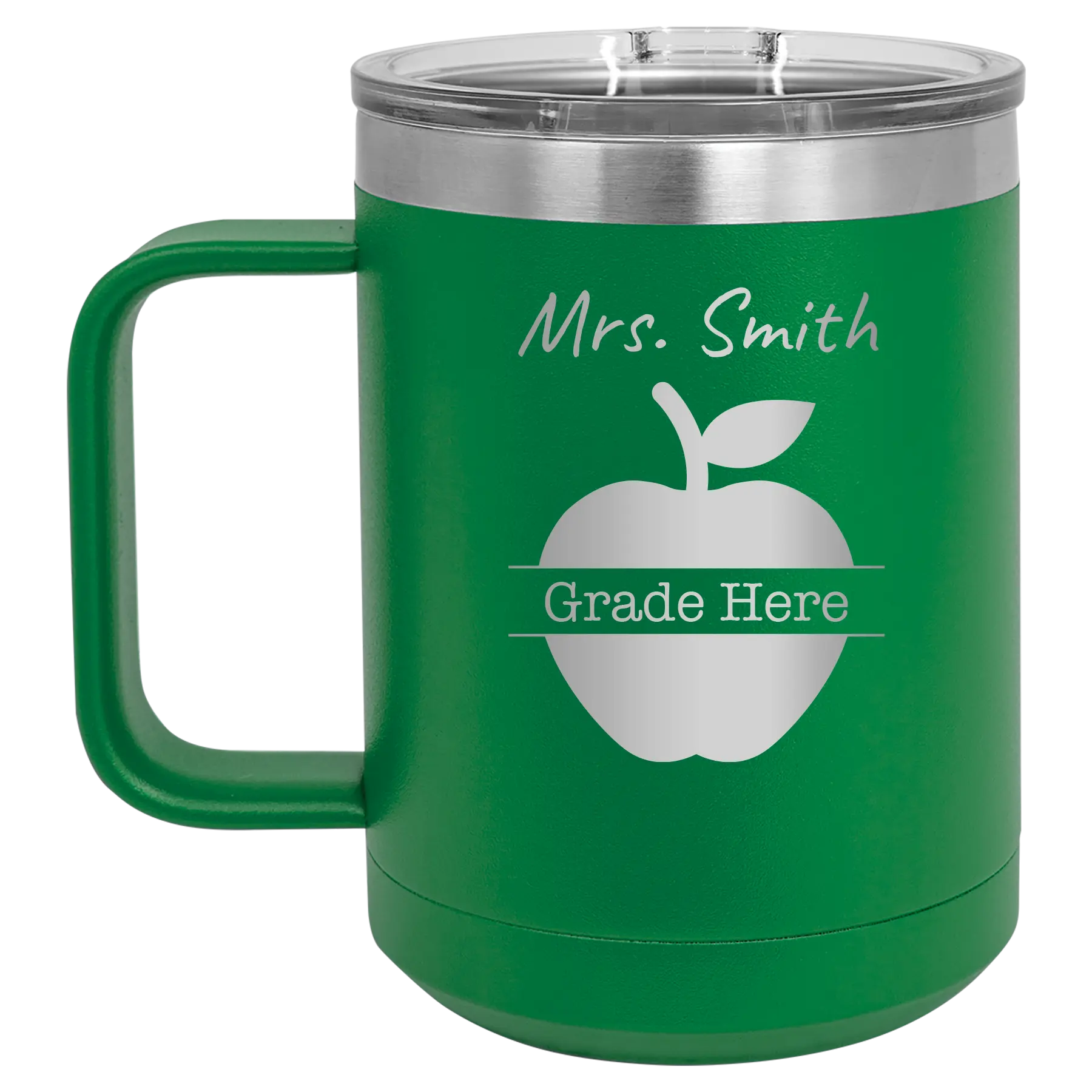 Personalized green 15 oz vacuum insulated coffee mug with 'Teacher Grade' design