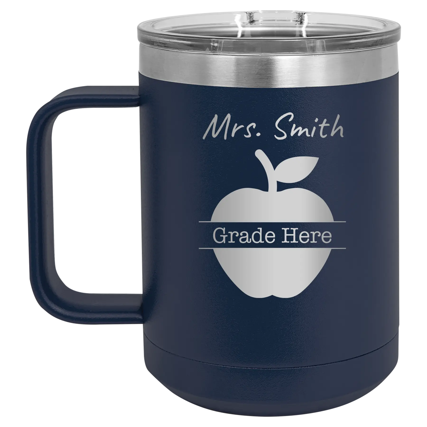 Personalized navy 15 oz vacuum insulated coffee mug with 'Teacher Grade' design