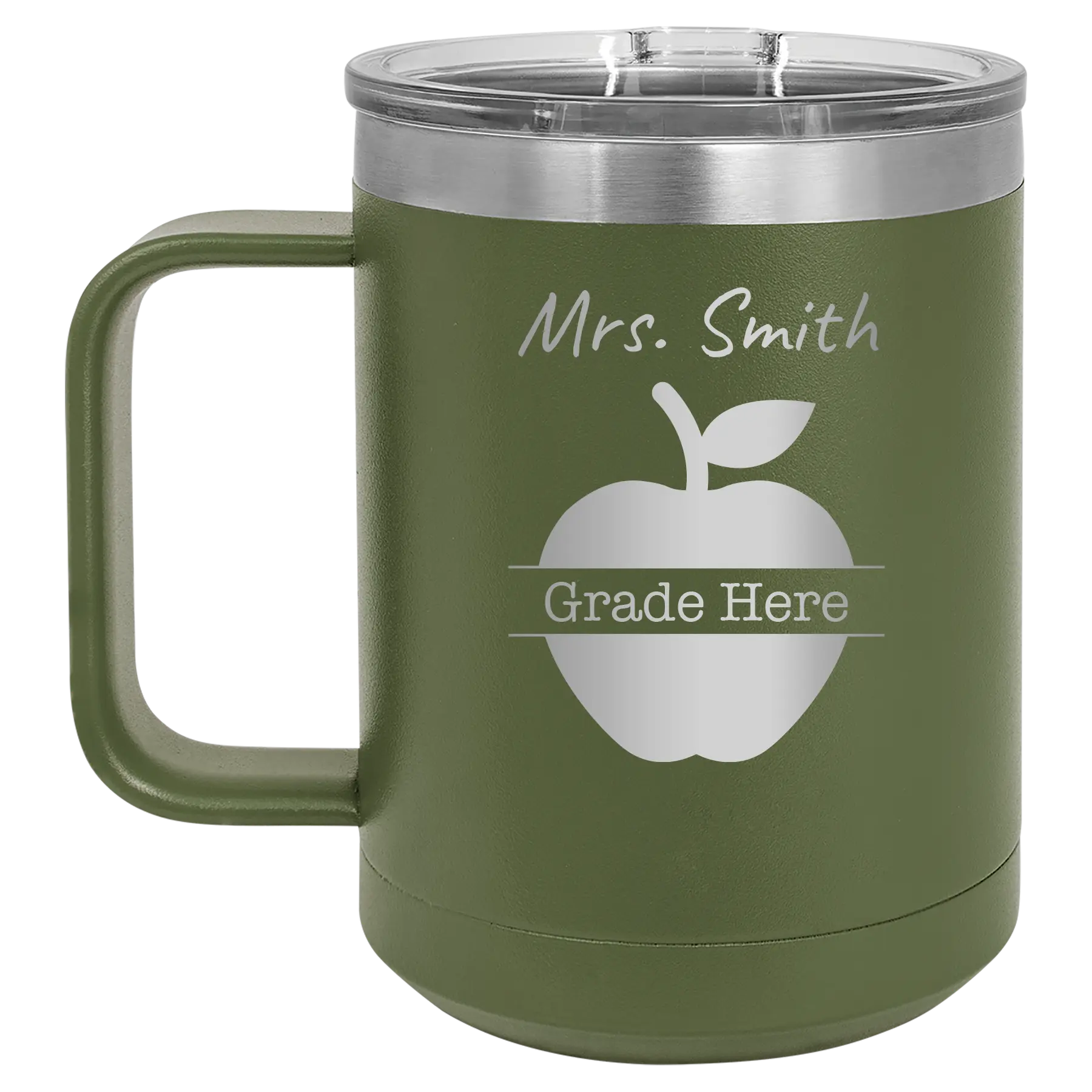Personalized olive green 15 oz vacuum insulated coffee mug with 'Teacher Grade' design