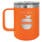 Personalized orange 15 oz vacuum insulated coffee mug with 'Teacher Grade' design
