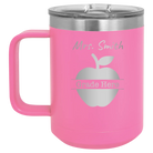 Personalized pink 15 oz vacuum insulated coffee mug with 'Teacher Grade' design
