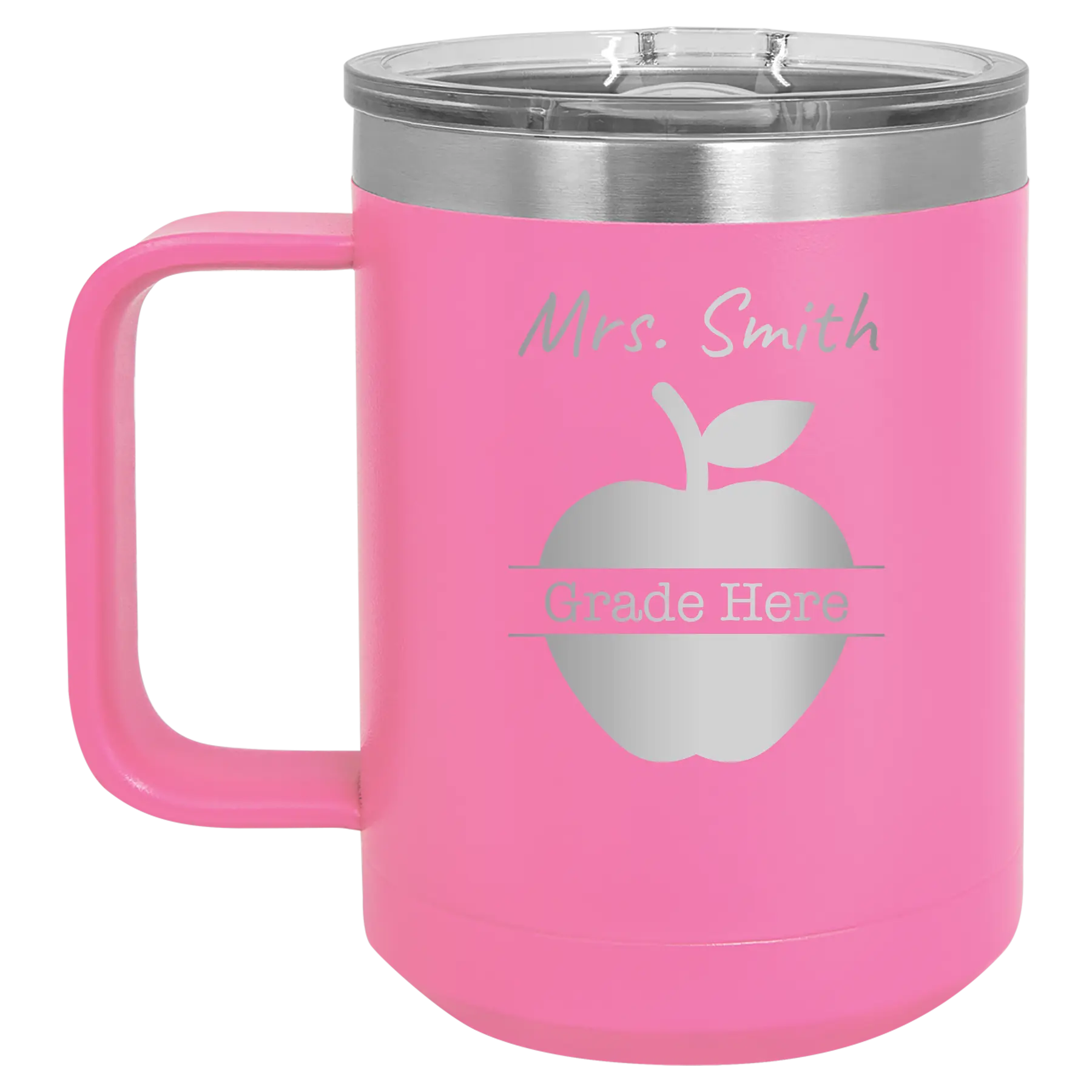 Personalized pink 15 oz vacuum insulated coffee mug with 'Teacher Grade' design