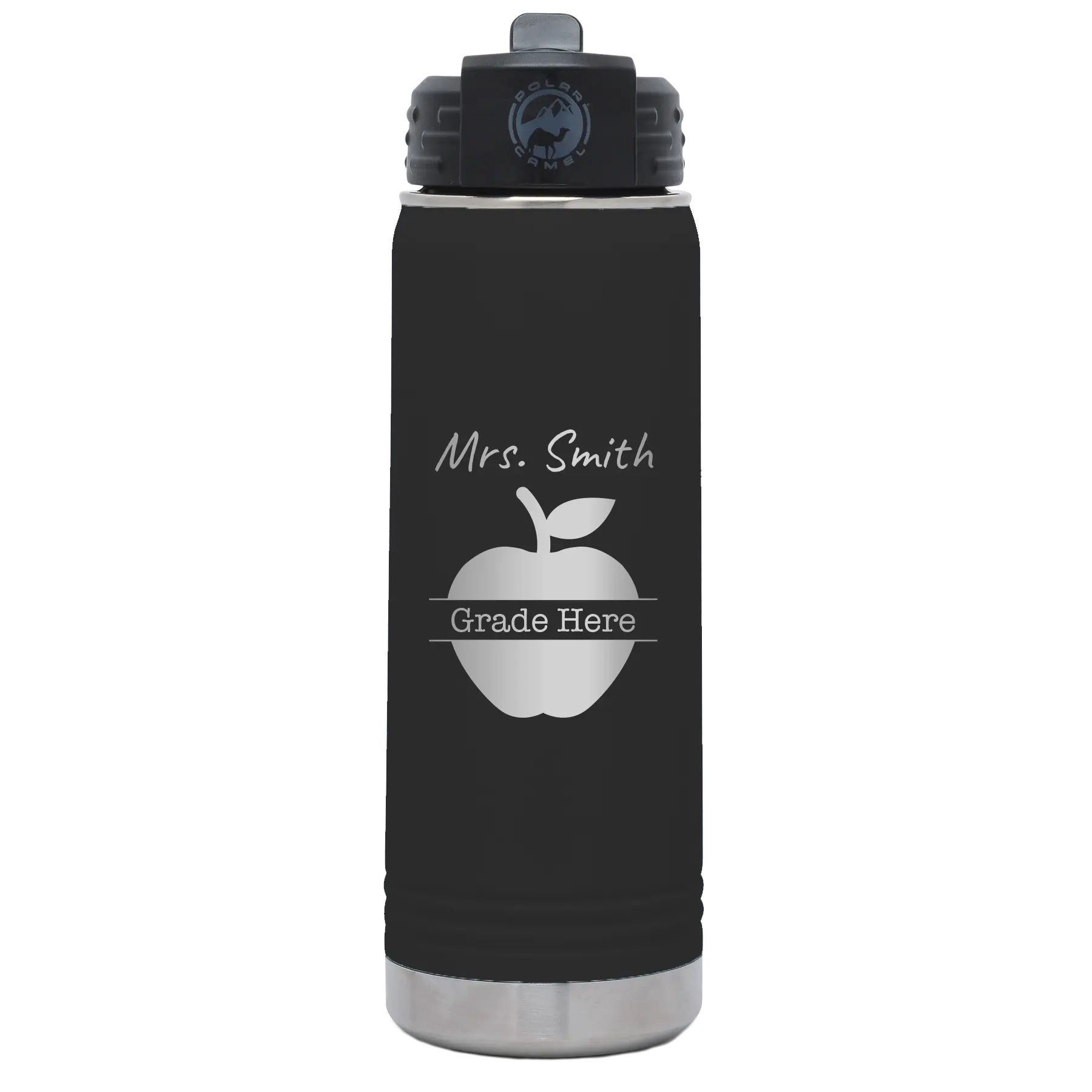 Personalized black 20 oz vacuum insulated water bottle with 'Teacher Grade' design