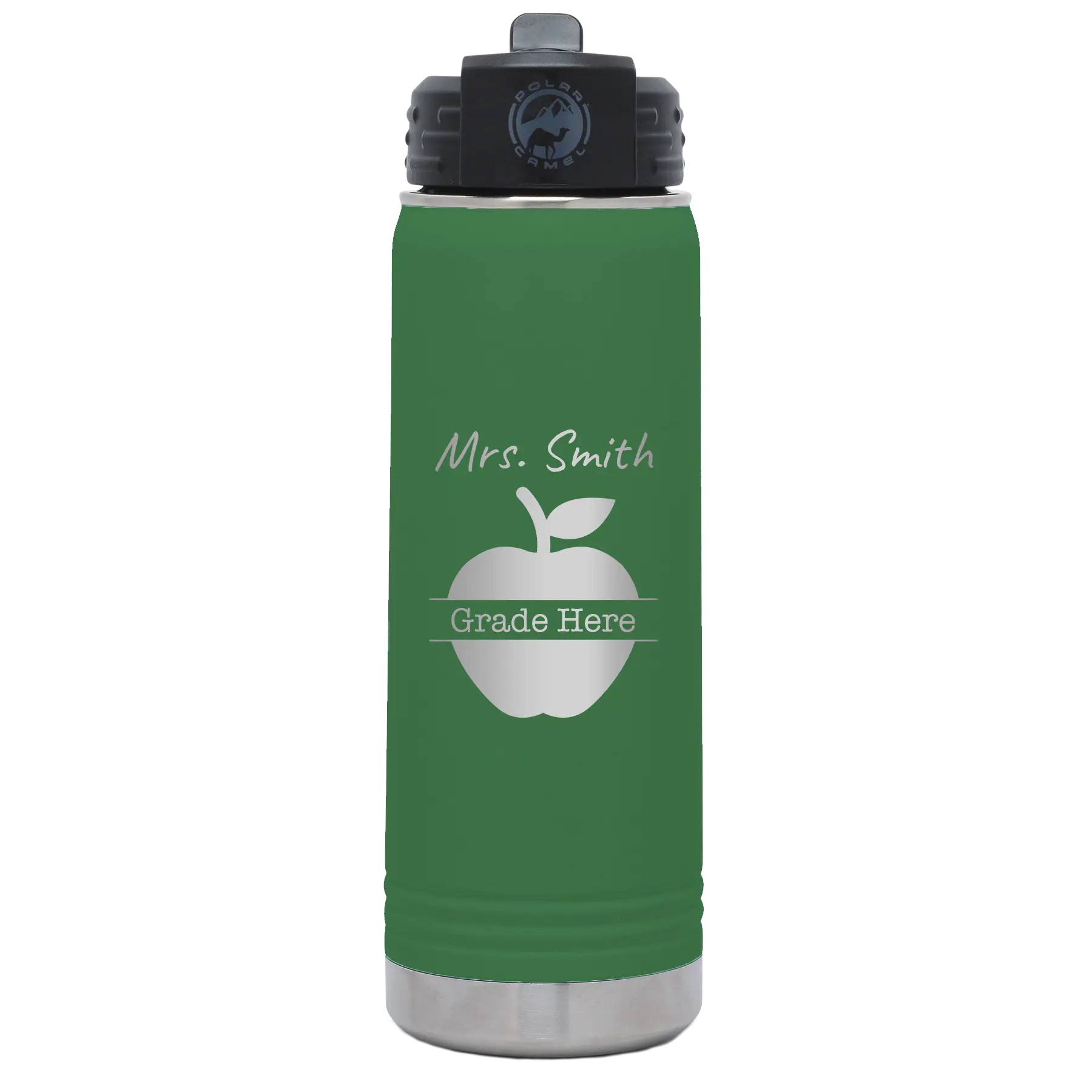 Personalized green 20 oz vacuum insulated water bottle with 'Teacher Grade' design