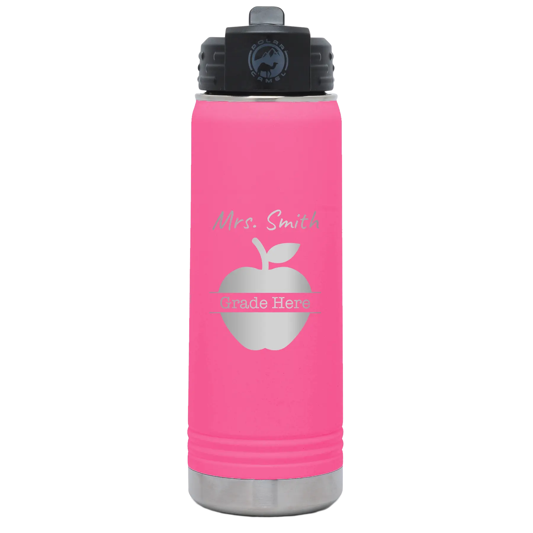 Personalized pink 20 oz vacuum insulated water bottle with 'Teacher Grade' design