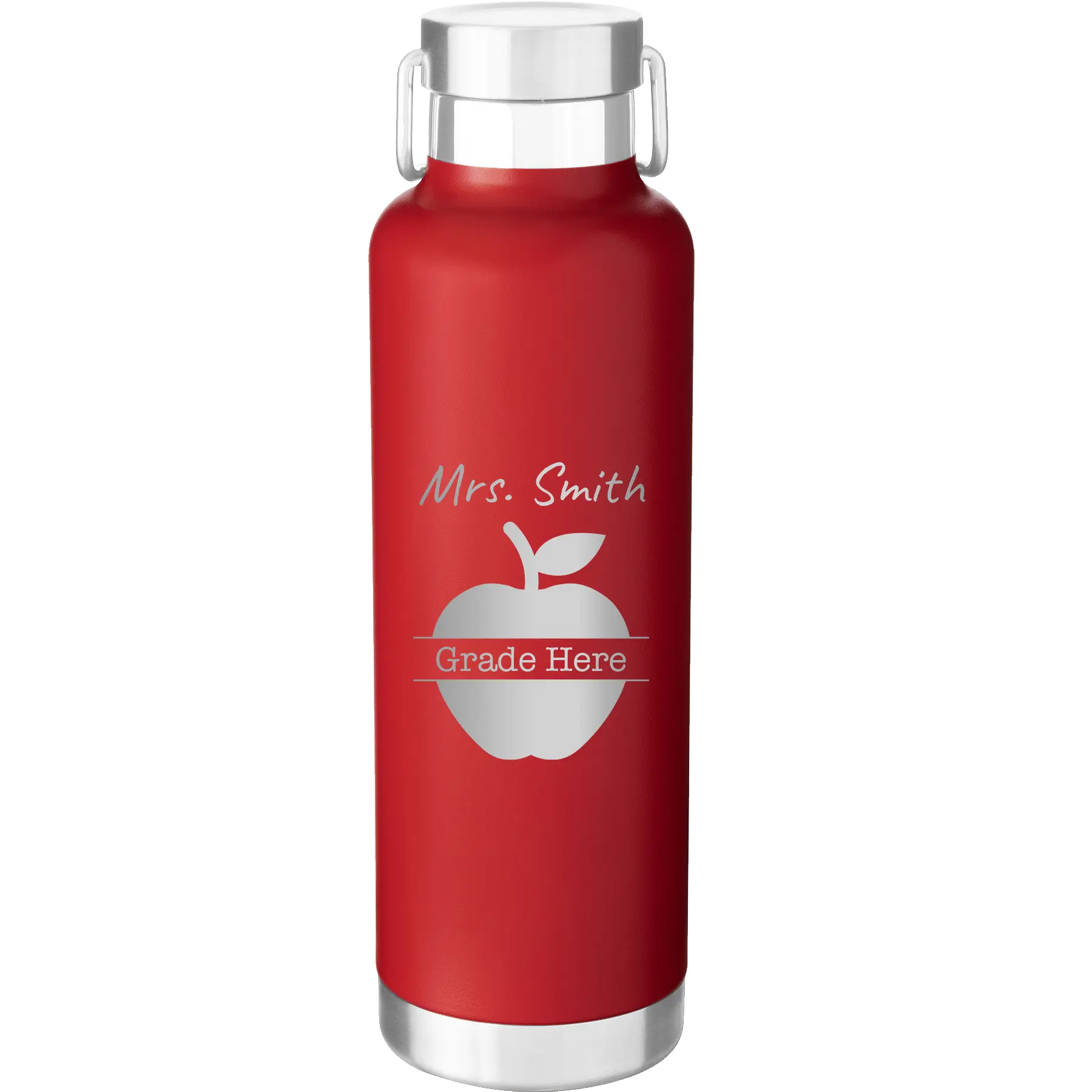 Personalized red 24 oz vacuum insulated water bottle with 'Teacher Grade' design
