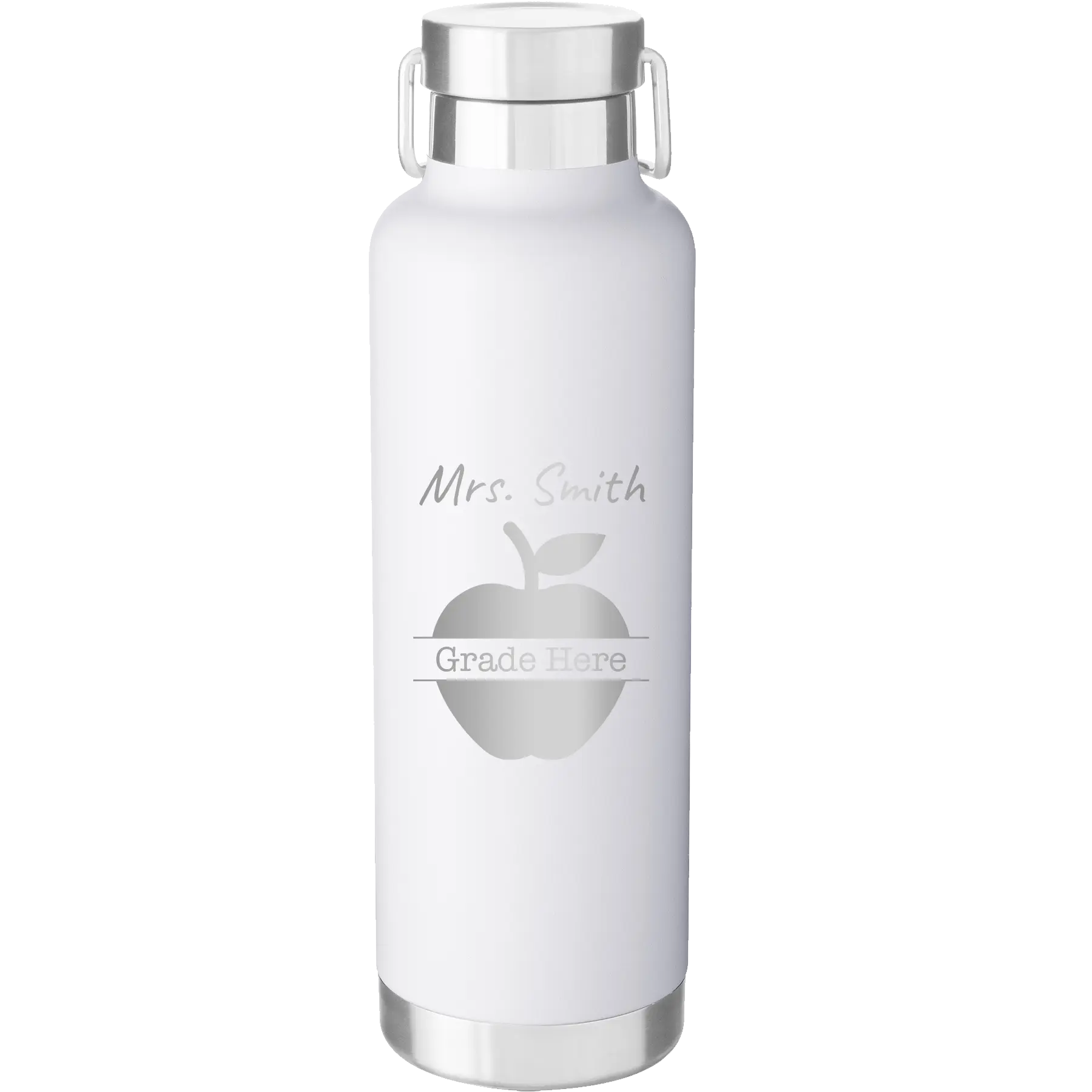 Personalized white 24 oz vacuum insulated water bottle with 'Teacher Grade' design