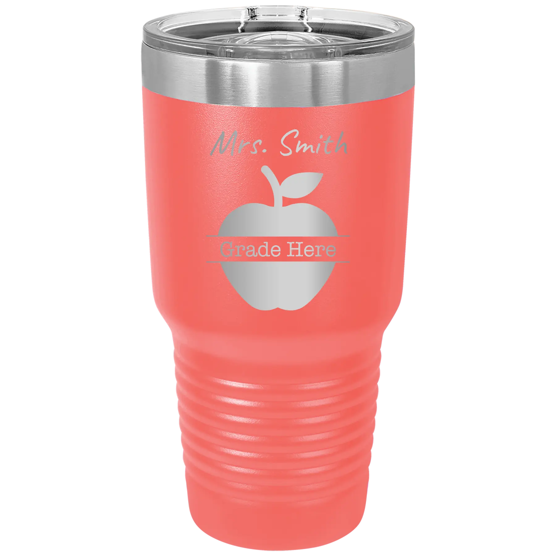 Personalized coral 30 oz vacuum insulated tumbler with 'Teacher Grade' design