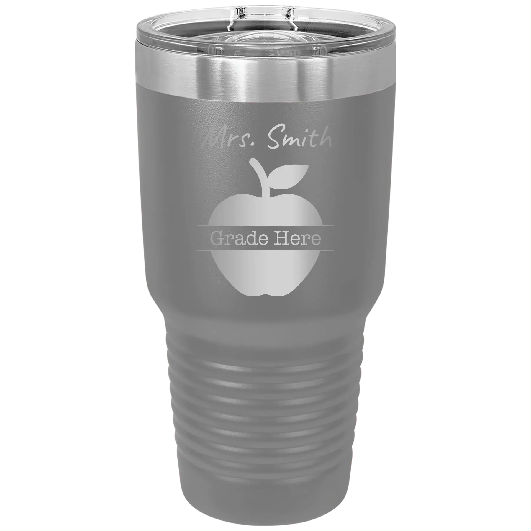 Personalized dark gray 30 oz vacuum insulated tumbler with 'Teacher Grade' design