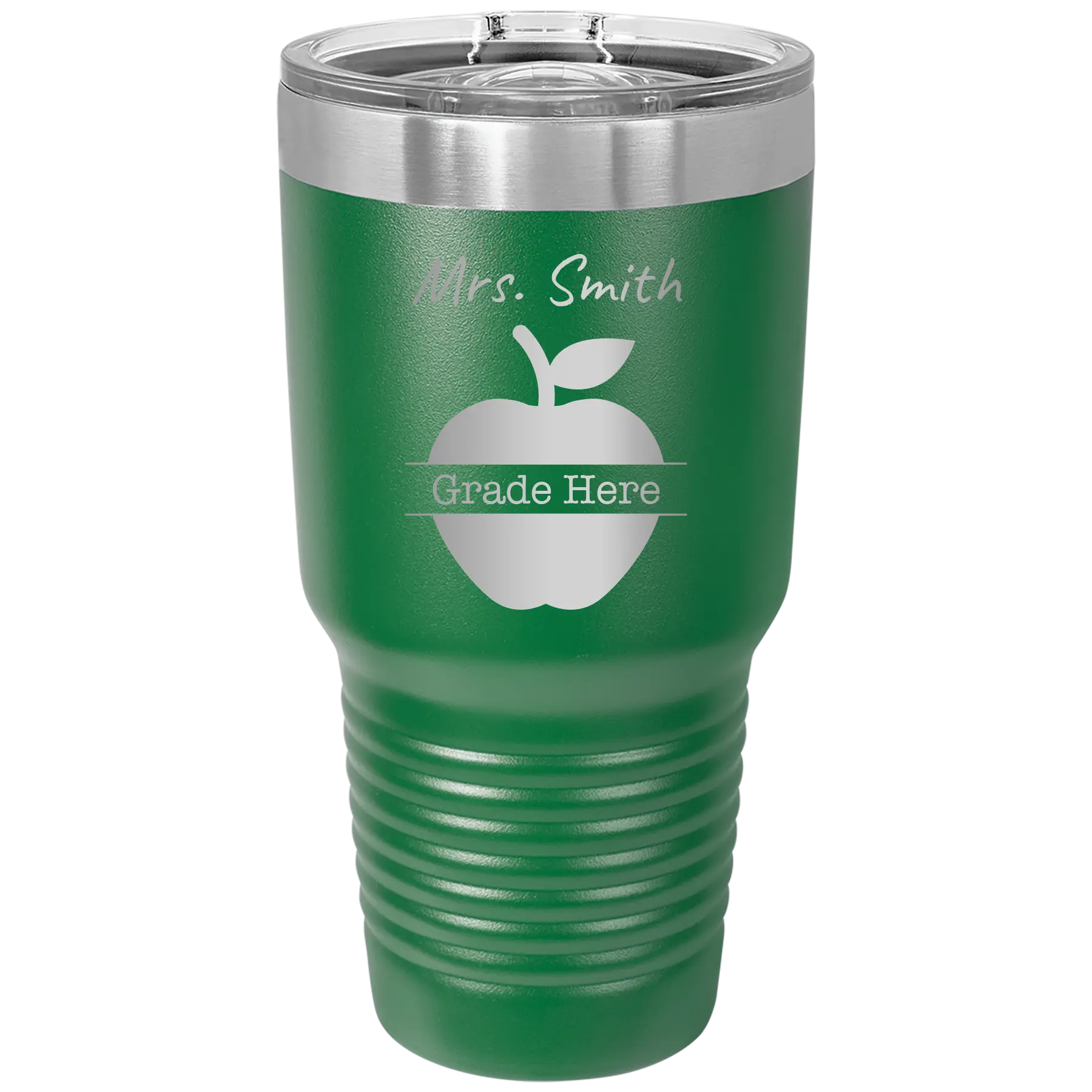 Personalized green 30 oz vacuum insulated tumbler with 'Teacher Grade' design