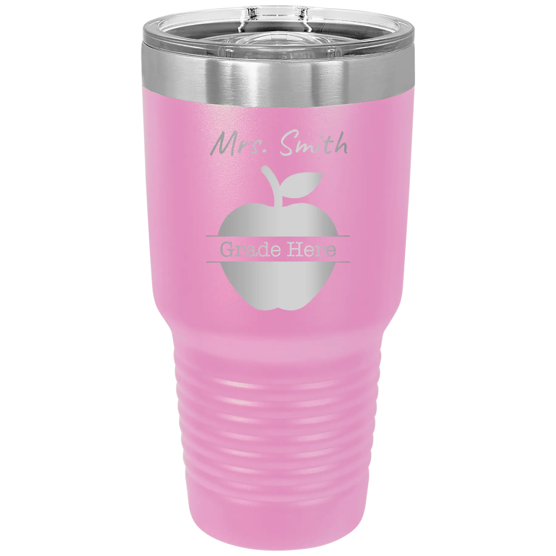 Personalized light purple 30 oz vacuum insulated tumbler with 'Teacher Grade' design