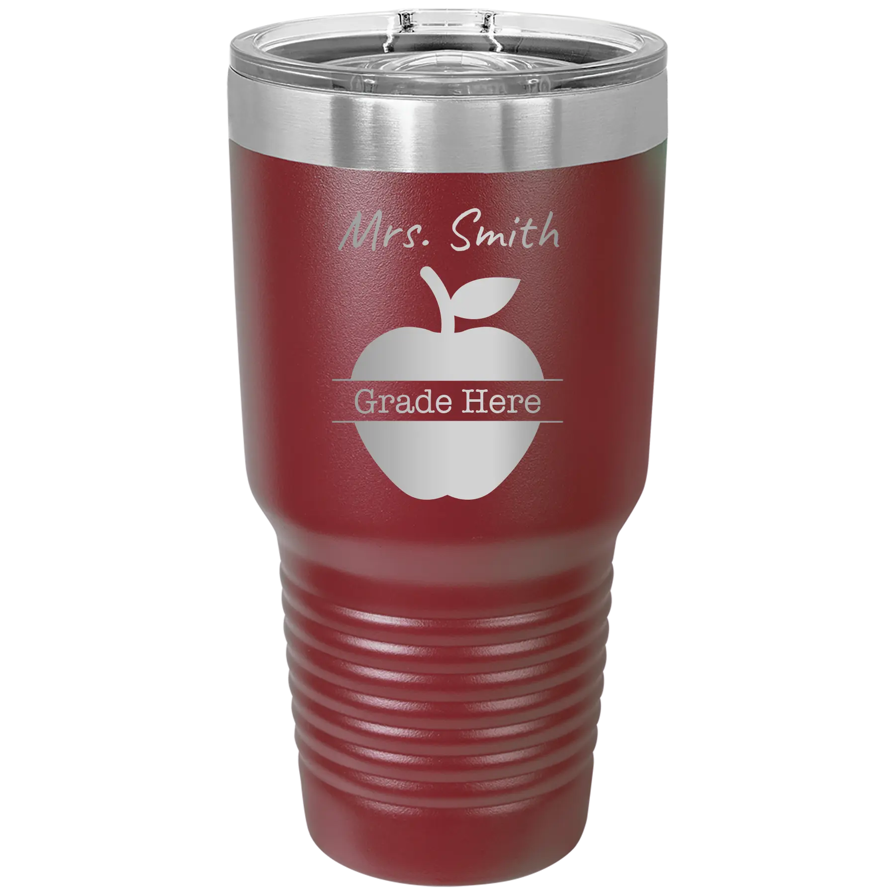 Personalized maroon 30 oz vacuum insulated tumbler with 'Teacher Grade' design