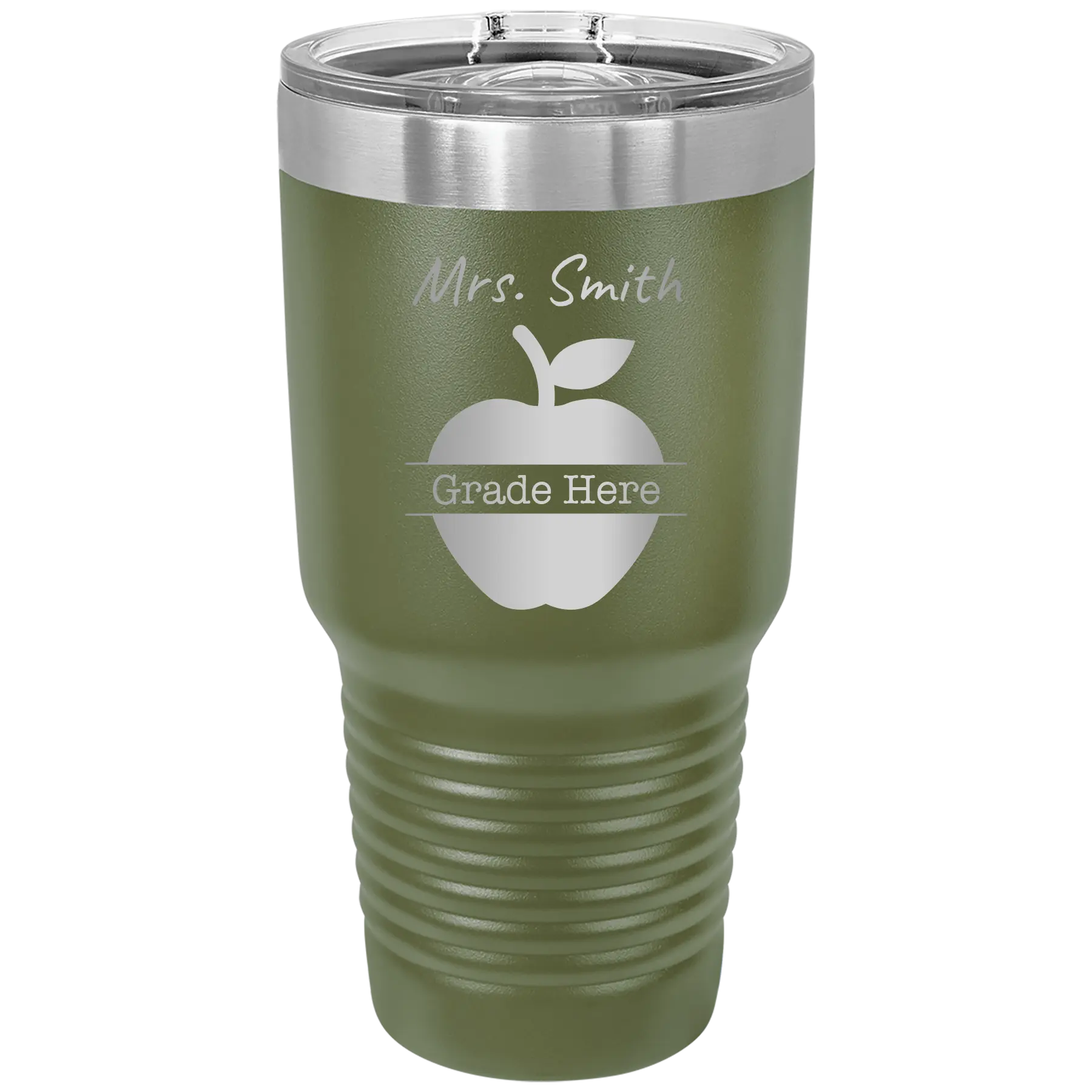Personalized olive green 30 oz vacuum insulated tumbler with 'Teacher Grade' design