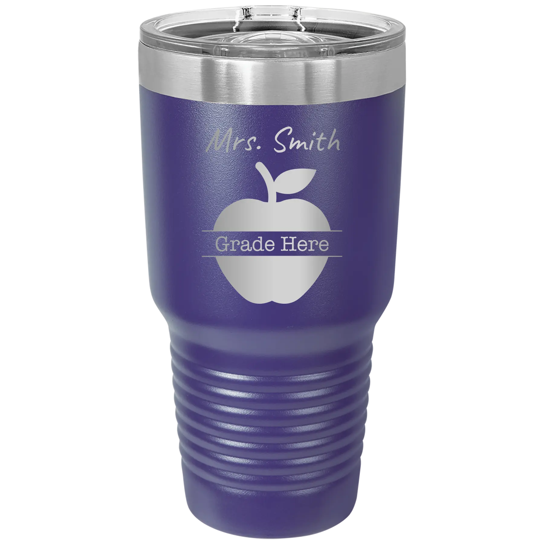 Personalized purple 30 oz vacuum insulated tumbler with 'Teacher Grade' design