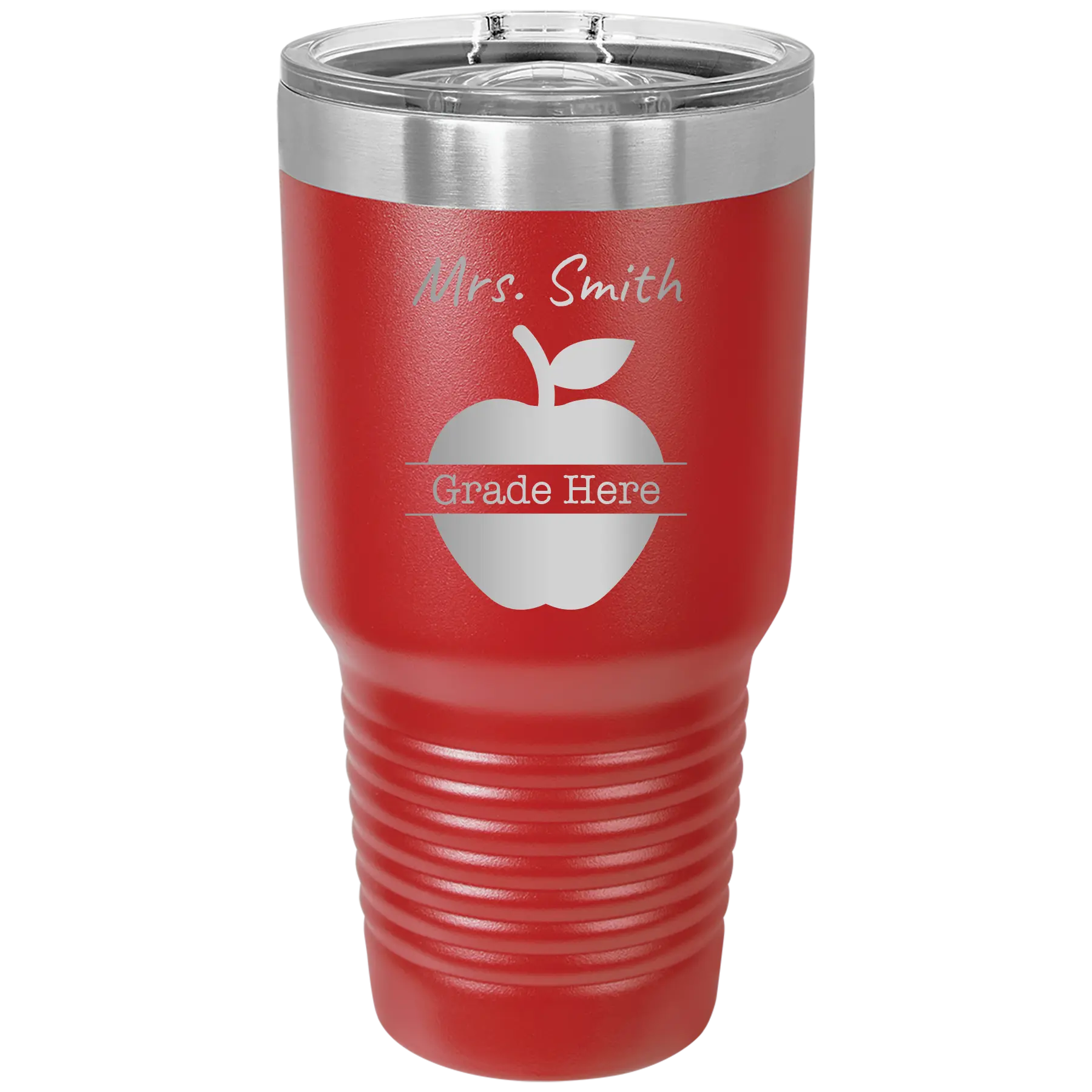 Personalized red 30 oz vacuum insulated tumbler with 'Teacher Grade' design