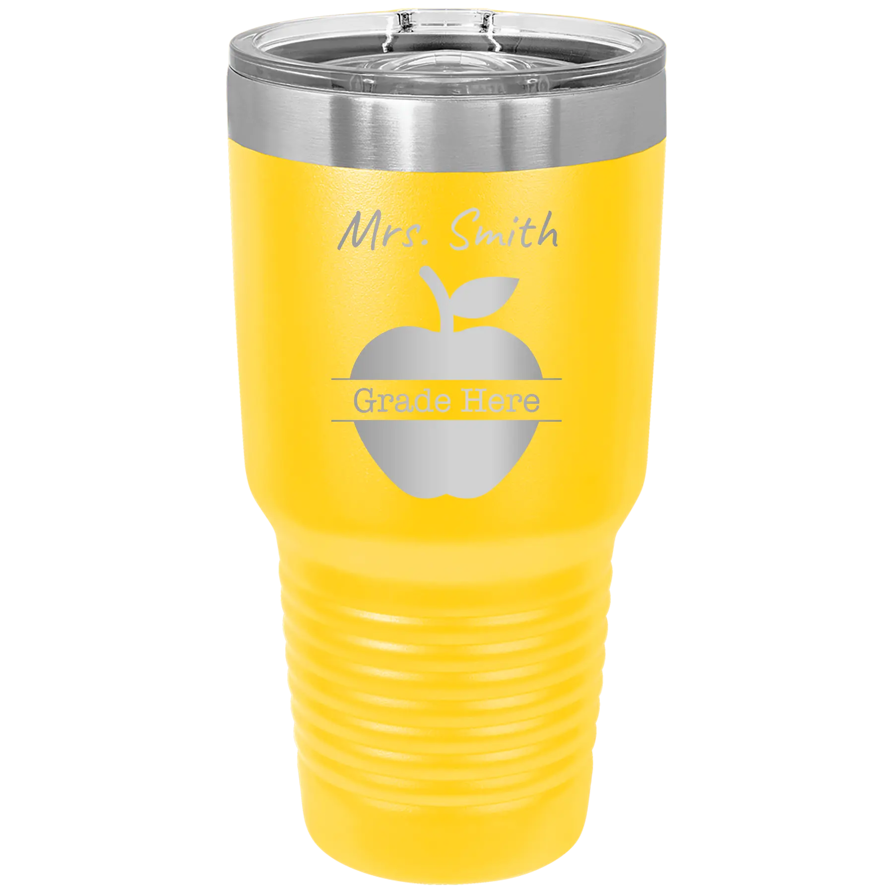 Personalized yellow 30 oz vacuum insulated tumbler with 'Teacher Grade' design