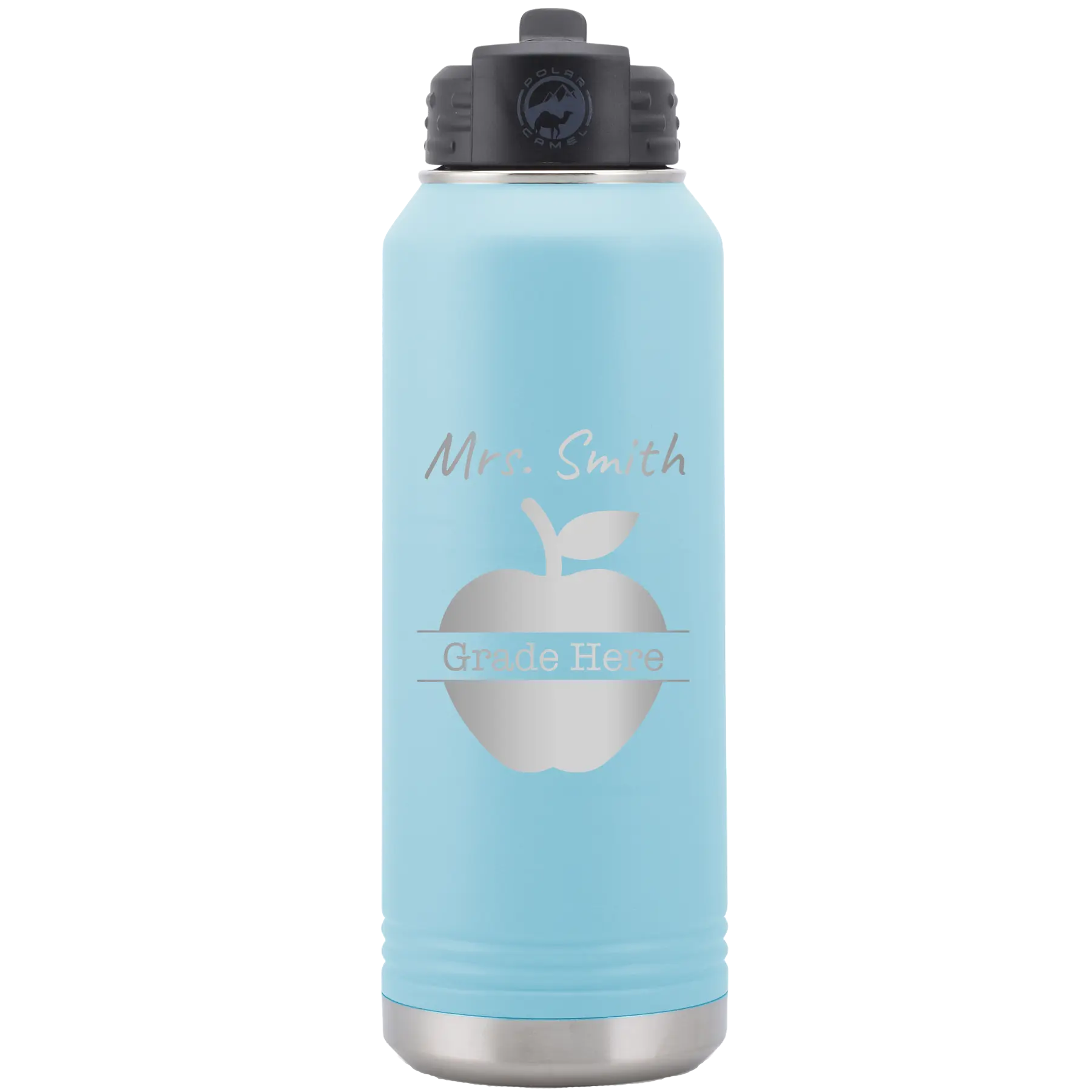 Personalized light blue 32 oz vacuum insulated water bottle with 'Teacher Grade' design