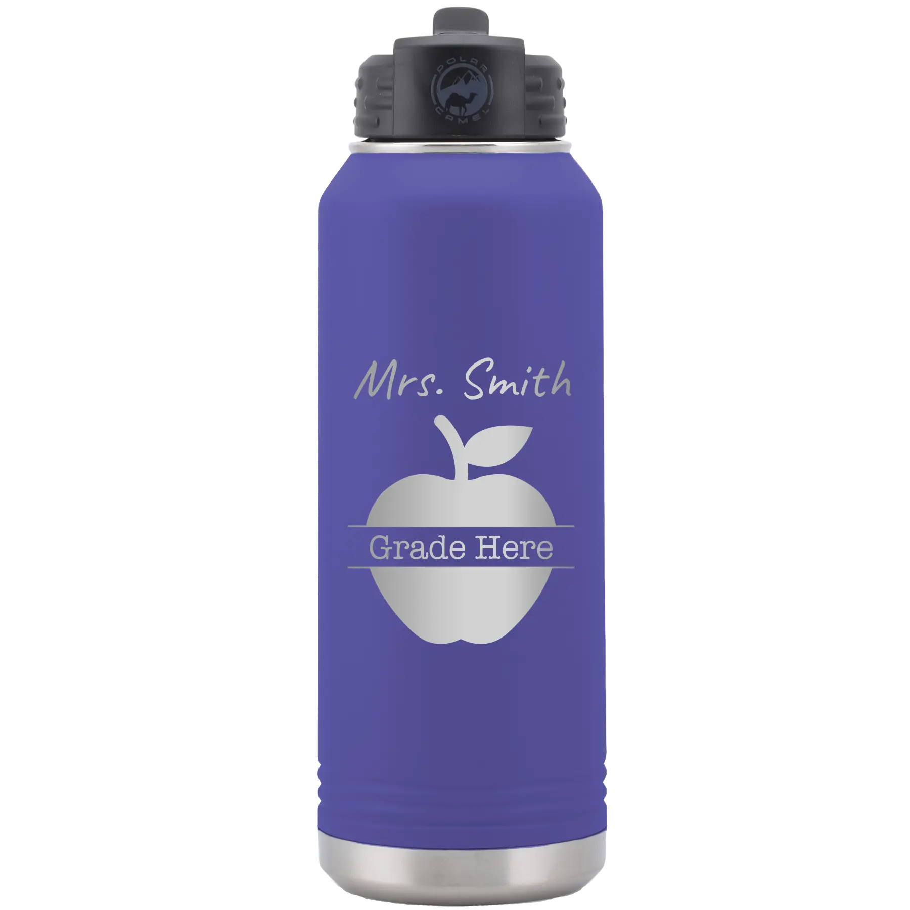 Personalized purple 32 oz vacuum insulated water bottle with 'Teacher Grade' design