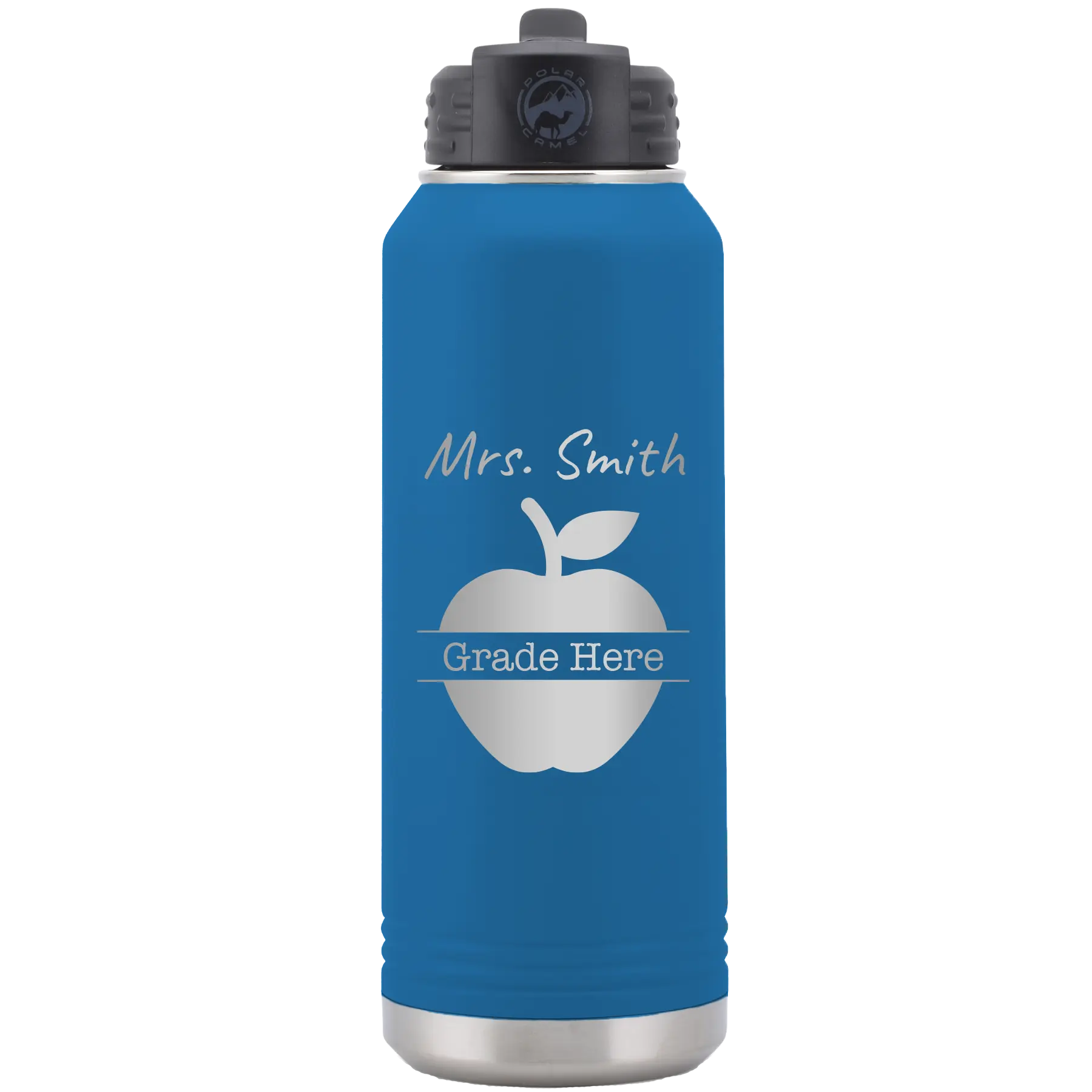 Personalized royal blue 32 oz vacuum insulated water bottle with 'Teacher Grade' design