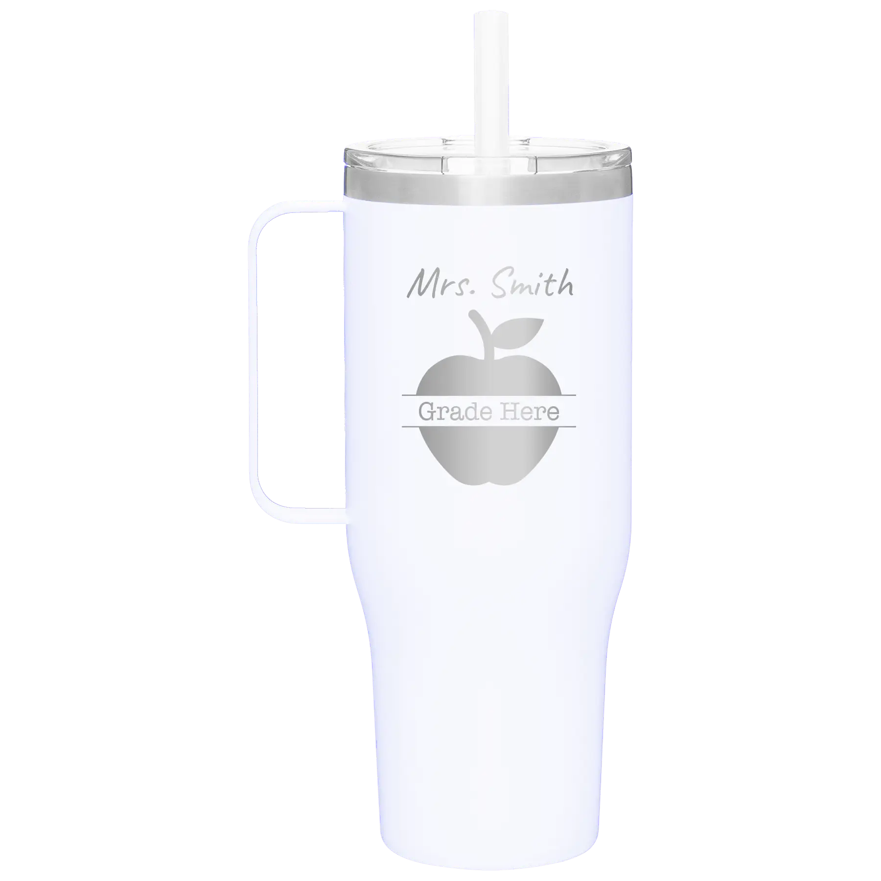 Personalized white 40 oz vacuum insulated tumbler mug with 'Teacher Grade' design