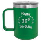 Personalized green 15 oz vacuum insulated coffee mug with 'Happy Birthday' design