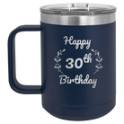 Personalized navy 15 oz vacuum insulated coffee mug with 'Happy Birthday' design