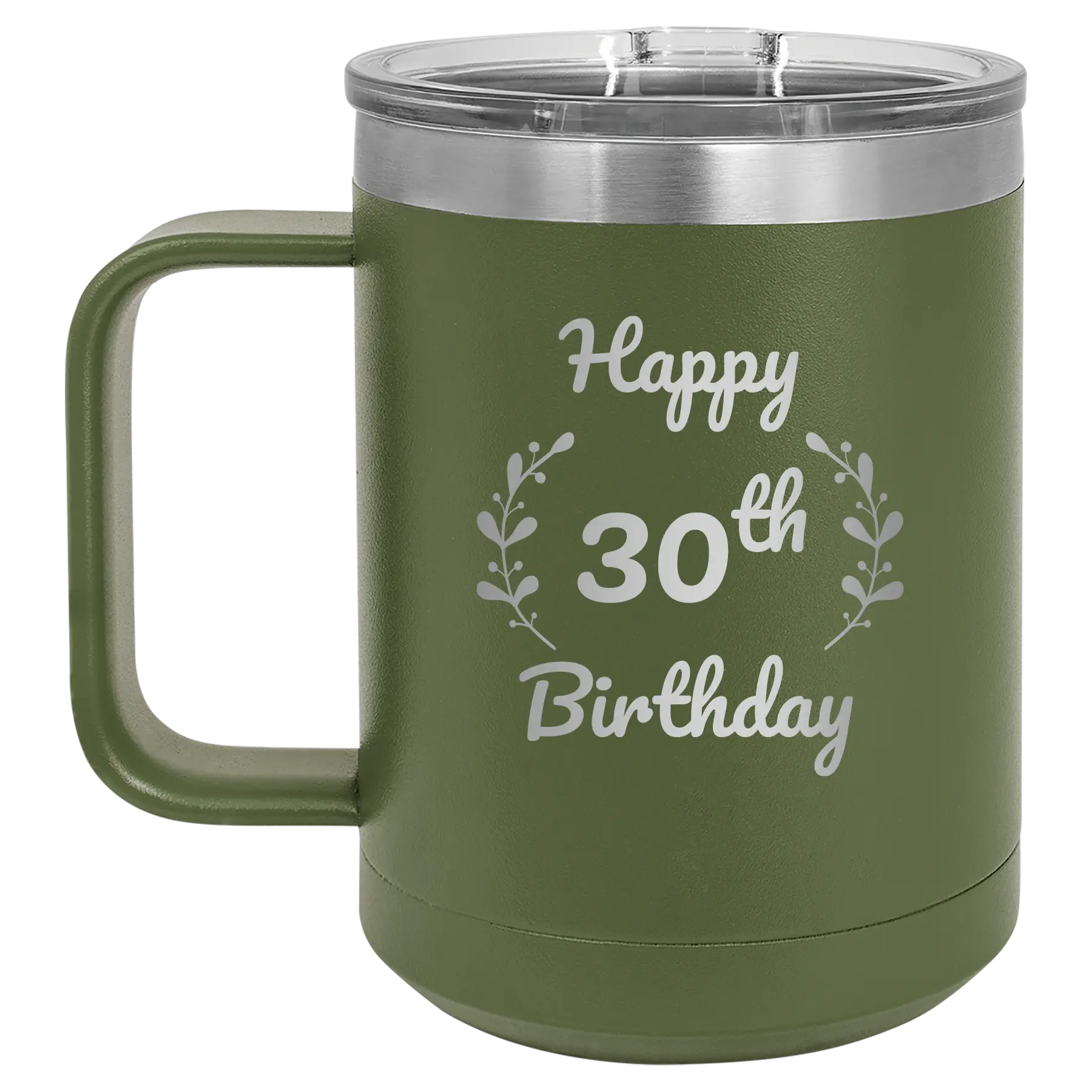 Personalized olive green 15 oz vacuum insulated coffee mug with 'Happy Birthday' design