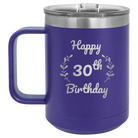 Personalized purple 15 oz vacuum insulated coffee mug with 'Happy Birthday' design