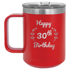 Personalized red 15 oz vacuum insulated coffee mug with 'Happy Birthday' design