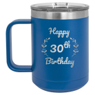 Personalized royal blue 15 oz vacuum insulated coffee mug with 'Happy Birthday' design