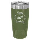 Personalized olive green 20 oz vacuum insulated tumbler with 'Happy Birthday' design