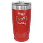 Personalized red 20 oz vacuum insulated tumbler with 'Happy Birthday' design
