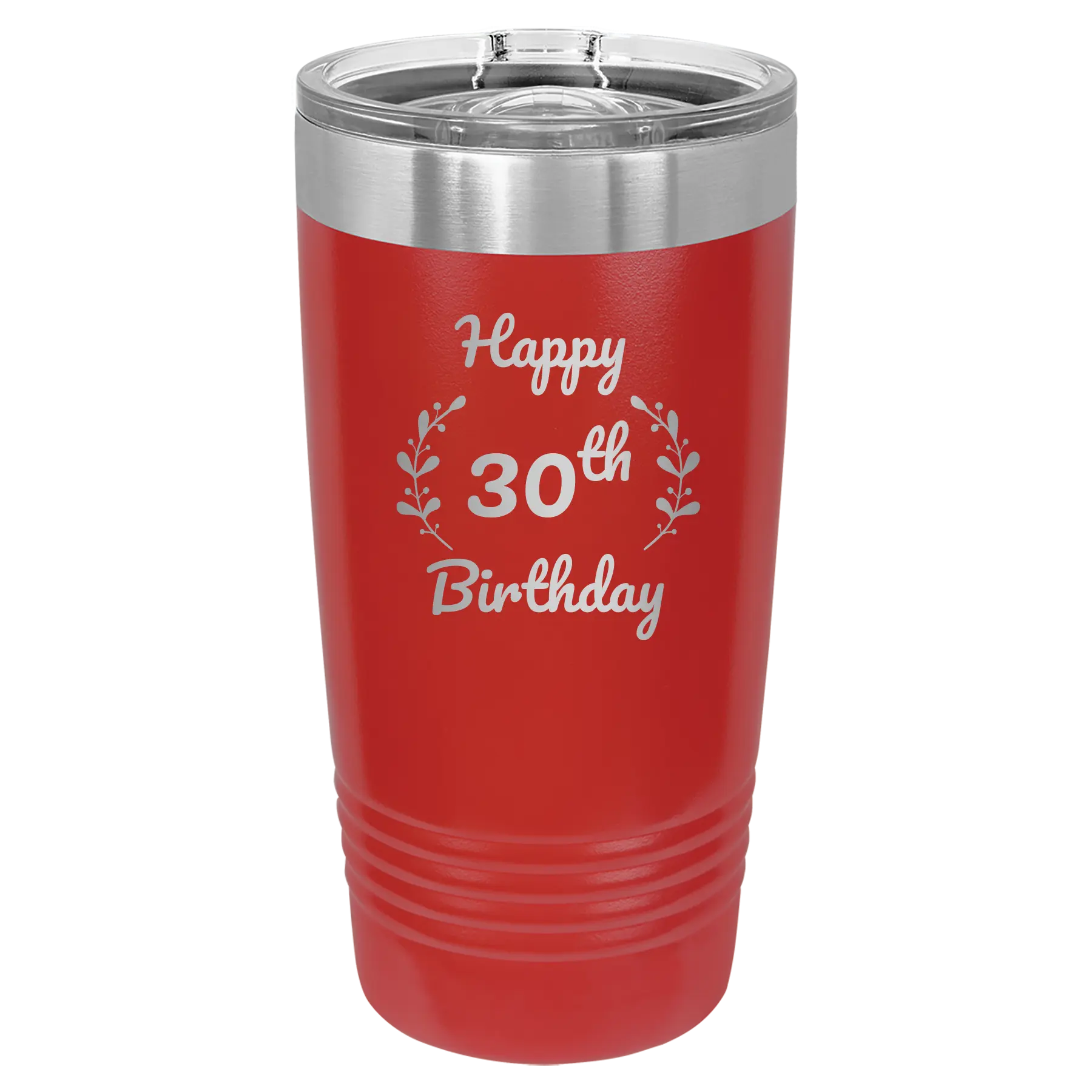 Personalized red 20 oz vacuum insulated tumbler with 'Happy Birthday' design