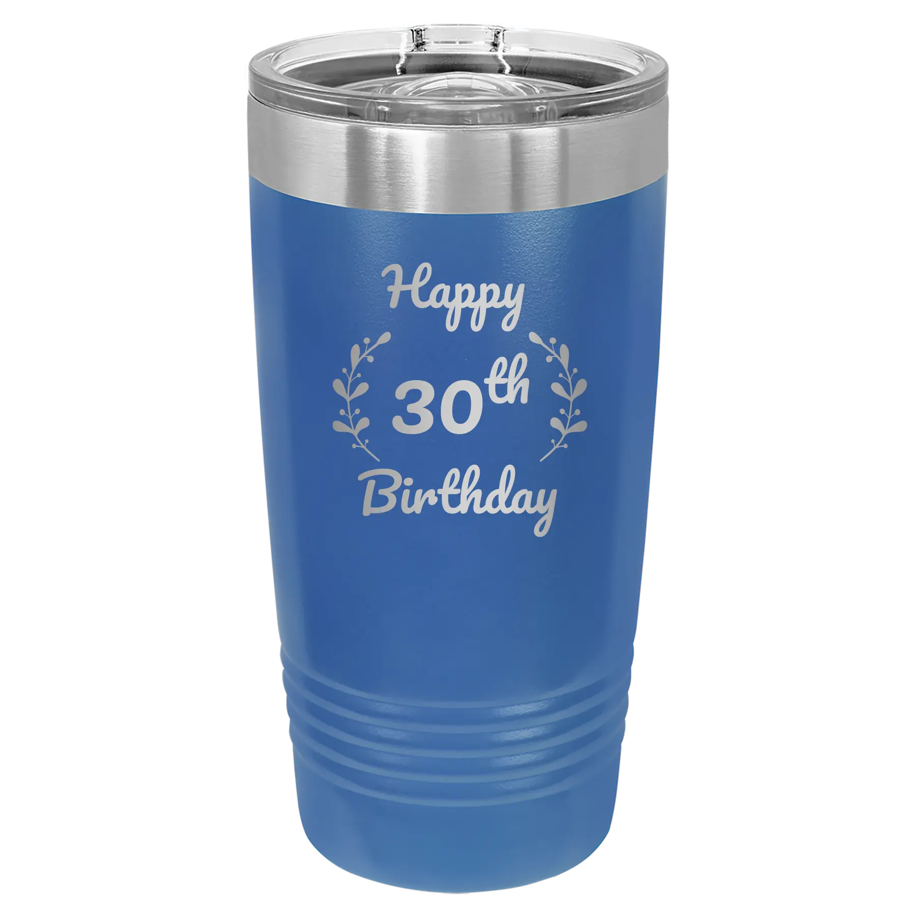 Personalized royal blue 20 oz vacuum insulated tumbler with 'Happy Birthday' design