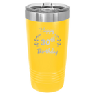 Personalized yellow 20 oz vacuum insulated tumbler with 'Happy Birthday' design