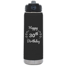 Personalized black 20 oz vacuum insulated water bottle with 'Happy Birthday' design