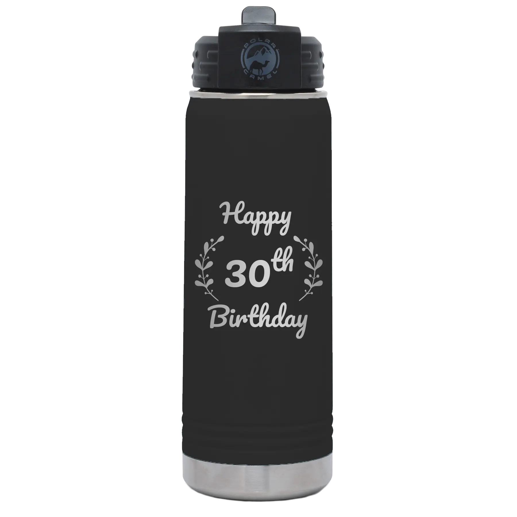 Personalized black 20 oz vacuum insulated water bottle with 'Happy Birthday' design