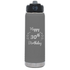 Personalized dark gray 20 oz vacuum insulated water bottle with 'Happy Birthday' design