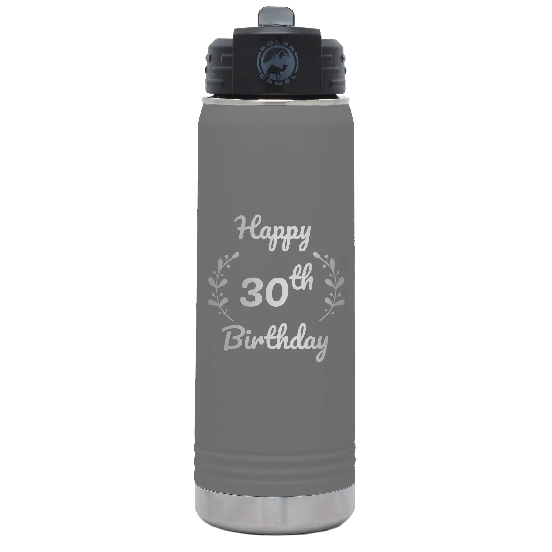 Personalized dark gray 20 oz vacuum insulated water bottle with 'Happy Birthday' design